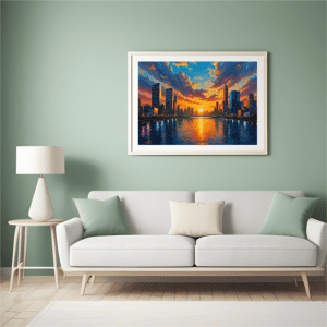 Good Morning Markets Wall Street Canvas Art featuring a vibrant sunset over a cityscape with a river and bridge