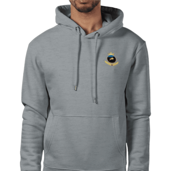 Front view of Royal Crown Hoodie Steel, luxury apparel by Investor GCC