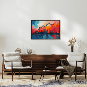 Financial Skyline Wall Street Canvas Art featuring a vibrant cityscape with a stock market graph and colorful skyline.