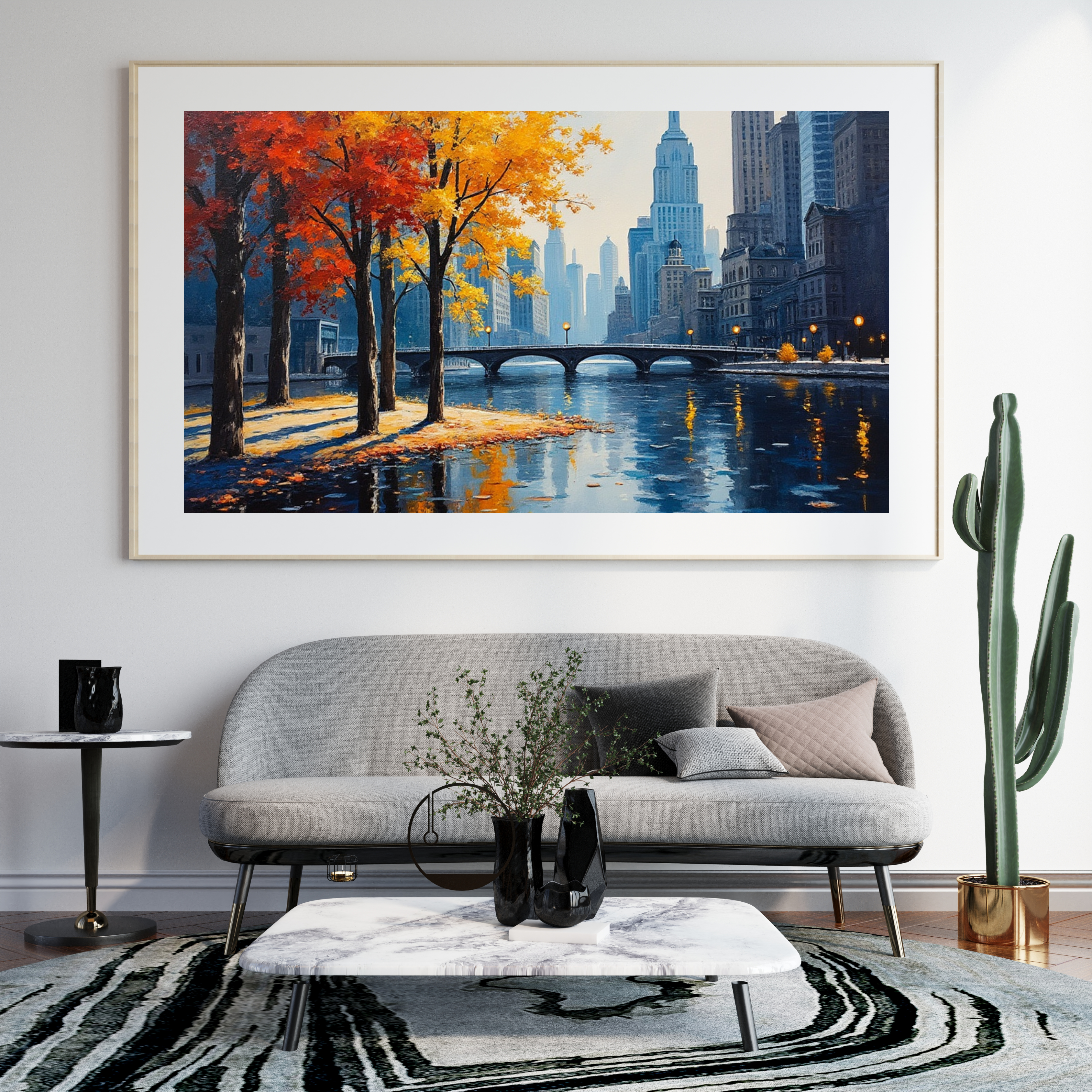 Autumn Prosperity Vista Wall Street Canvas Art featuring autumn trees and a reflective cityscape with a bridge