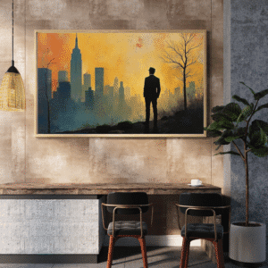 Sizing Up the Street - Premium Wall Street Canvas Art featuring a silhouetted businessman overlooking a vibrant city skyline at dawn.