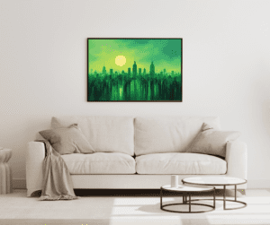 Green Horizon High Quality Wall Street Canvas Art featuring a vibrant green cityscape with a reflective skyline and golden sun