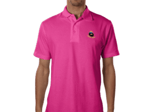 Pink Premium Luxe Investor GCC Pink Crown Polo front view with crest logo on a yellow background.