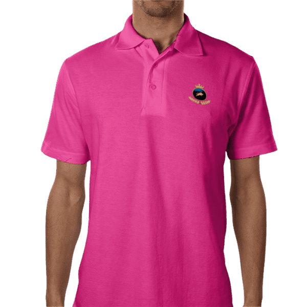 Pink Premium Luxe Investor GCC Pink Crown Polo front view with crest logo on a yellow background.