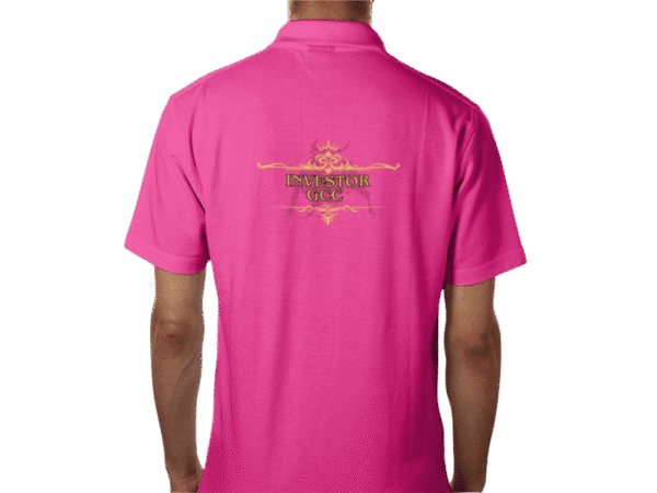 Pink Premium Maison Luxe Investor GCC Pink Crown Polo back view with gold "INVESTOR GCC" print on a yellow background.