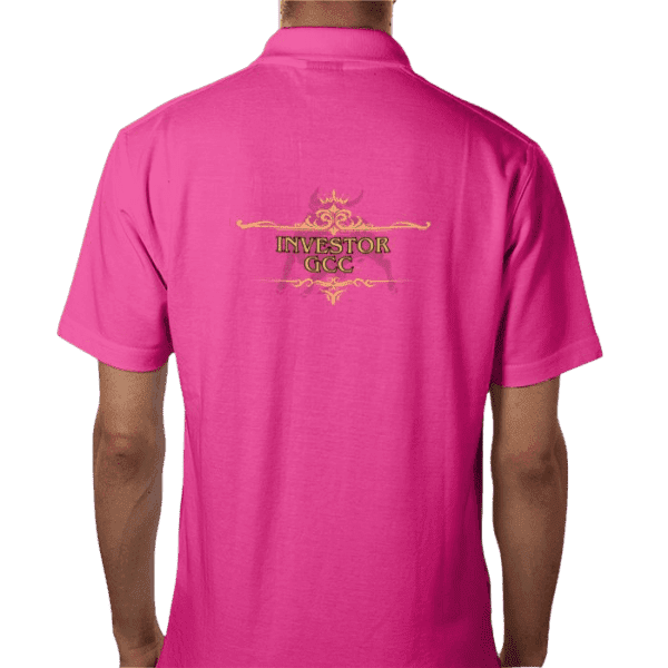 Pink Premium Maison Luxe Investor GCC Pink Crown Polo back view with gold "INVESTOR GCC" print on a yellow background.
