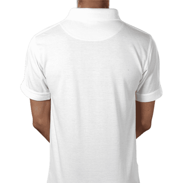 White Premium Maison Luxe Investor GCC White Crown Polo back view with gold "INVESTOR GCC" print on a yellow background.