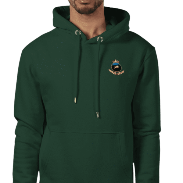 Front view of Royal Crown Hoodie Forest Green, luxury apparel by Investor GCC