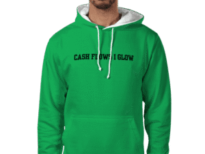 Green Maison Luxe Apparel Investor Cash Flows I Glow Green Hoodie with black text on front and white inner hood lining, against a yellow background.