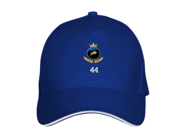 Royal blue Maison Luxe Investor Royal Blue Crown Cap front view with crest logo and "44" print on a yellow background Main.