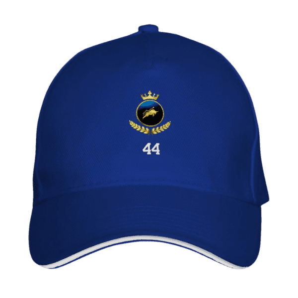 Royal blue Maison Luxe Investor Royal Blue Crown Cap front view with crest logo and "44" print on a yellow background Main.
