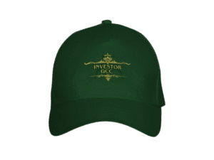 Forest green Premium Maison Luxe Investor GCC Forest Green Crown Cap front view with gold "INVESTOR GCC" print on a yellow background.
