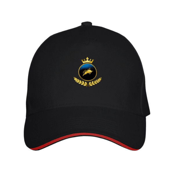 Black Premium Maison Luxe Investor Black Crown Cap front view with crest logo and red trim on a yellow background.