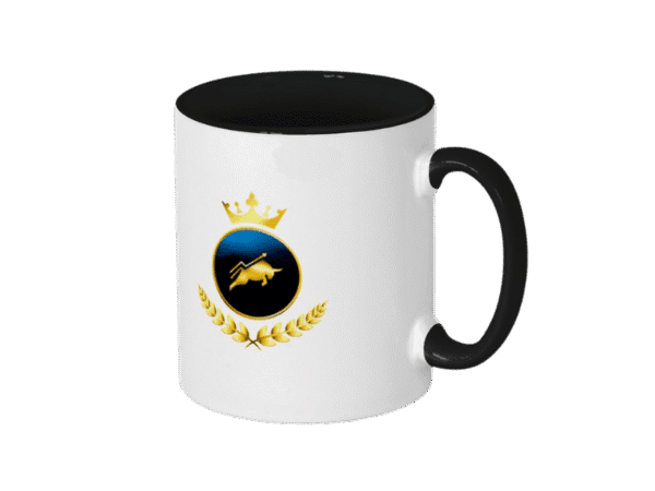 White Premium Maison Luxe Investor Crown Mug front view with crest logo and black handle on a yellow background.