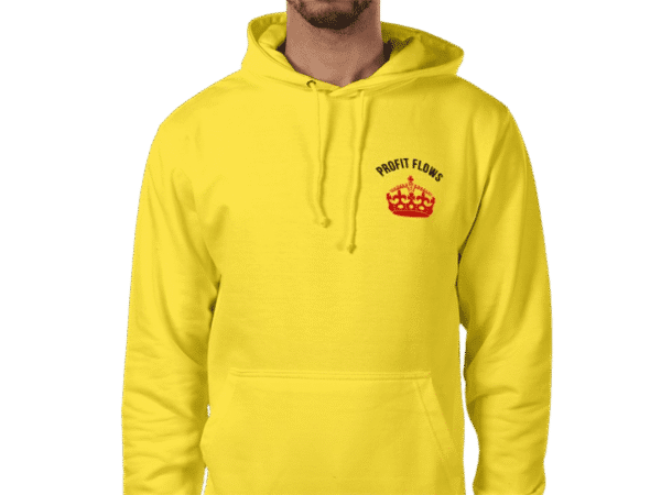 Profit Flows Wealth Ascends Yellow Hoodie Front with Red Crown Graphic - Maison Luxe Apparel