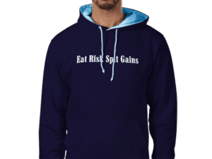 Investor Eat Risk Spit Gains Navy Blue Hoodie with white text on front and light blue inner hood lining, against a yellow background.