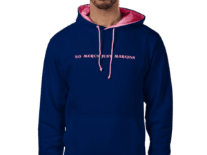 No Mercy Just Margins Investor Navy Hoodie Front with Pink Text Graphic - Maison Luxe Apparel