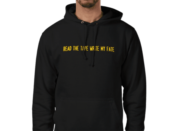 Black Maison Luxe Apparel Investor Read the Tape Write My Fate Hoodie with yellow text on front, against a yellow background.