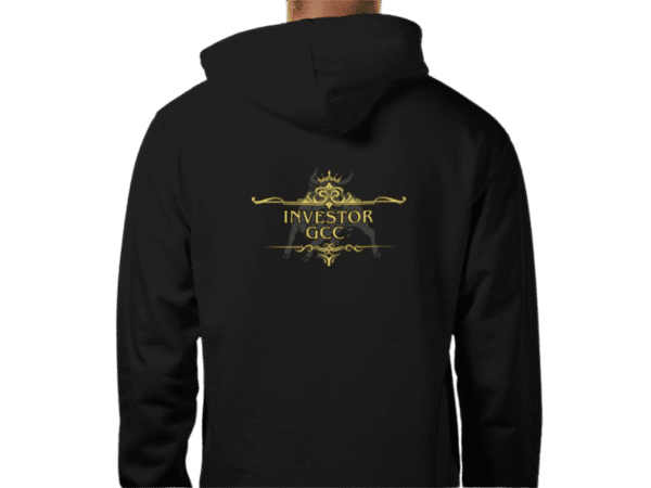 Black Maison Luxe Apparel Investor GCC Read the Tape Write My Fate Hoodie with gold logo on back, featuring crown and scroll design against a yellow background.