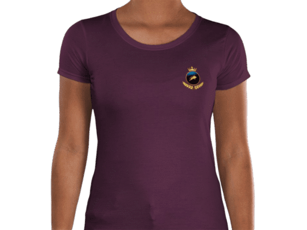 Front view of Regal Maroon Women’s Luxury Investor T-Shirt, womens luxury apparel from Crown Luxe Sovereign at Investor GCC