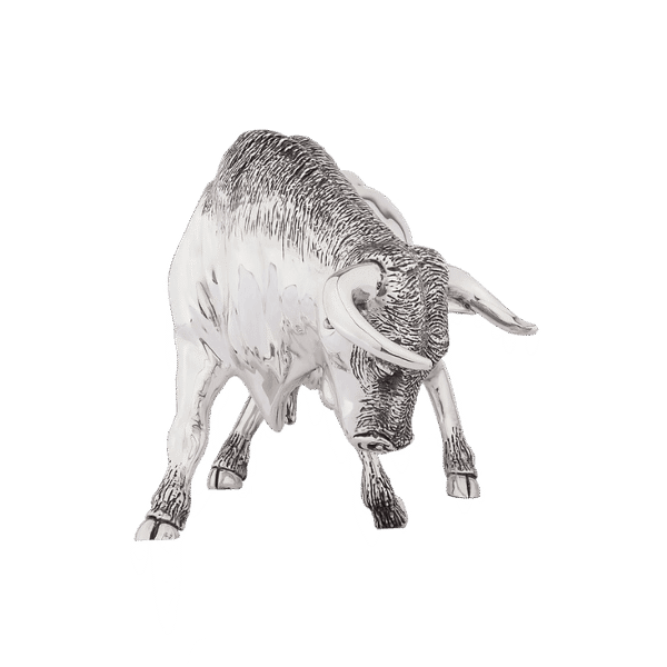 Front view of Silver Charging Bull Statue luxury handcrafted silver finish