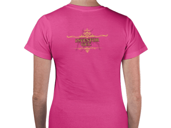 Back view of Women's Luxury Investor GCC T-Shirt Pink with ornate "INVESTOR GCC" design