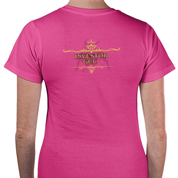 Back view of Women's Luxury Investor GCC T-Shirt Pink with ornate "INVESTOR GCC" design