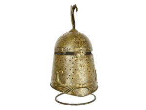 Full front view of Medieval Antique Gold Knight Helmet with stand.