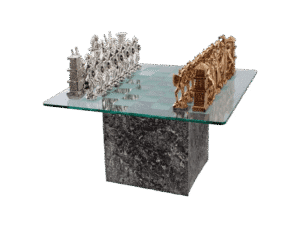 Close-up of chessboard with Aztec and Spaniard pieces. Exquisite Aztec vs. Spaniard 24K Gold & Silver Chess Set