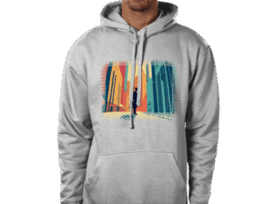 Front view of the Wealth NYSE Ascent Hoodie featuring a vibrant cityscape design on a grey premium fabric from the Crown Premium Hoodie collection at investorgcc.com.