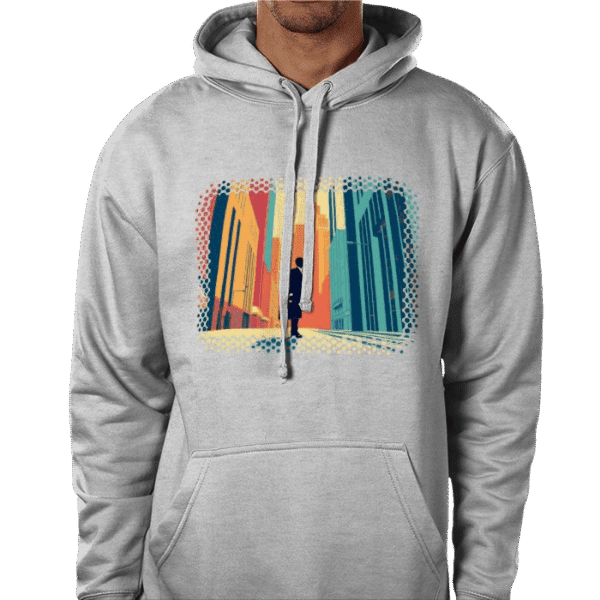 Front view of the Wealth NYSE Ascent Hoodie featuring a vibrant cityscape design on a grey premium fabric from the Crown Premium Hoodie collection at investorgcc.com.