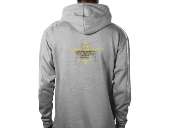 Back view of the Wealth NYSE Ascent Hoodie with the elegant Investor GCC logo on grey premium fabric from the Crown Premium Hoodie collection at investorgcc.com.