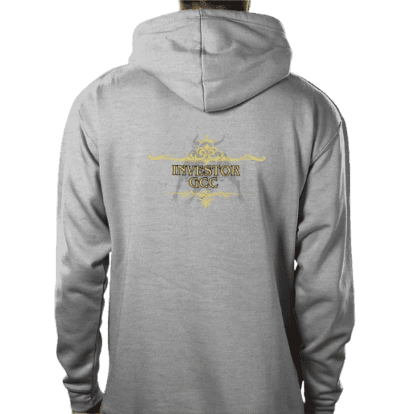 Back view of the Wealth NYSE Ascent Hoodie with the elegant Investor GCC logo on grey premium fabric from the Crown Premium Hoodie collection at investorgcc.com.