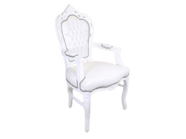Side view of baroque dining chair with white leather look and armrests Black Background.