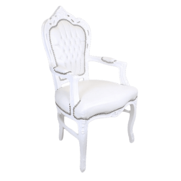 Side view of baroque dining chair with white leather look and armrests Black Background.