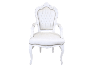Front view of baroque dining room chair white leather look and armrests