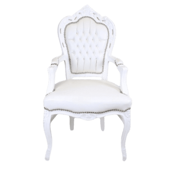 Front view of baroque dining room chair white leather look and armrests