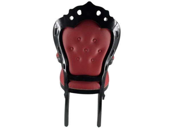 Back view of luxury baroque dining chair with armrests in bordeaux red and black.
