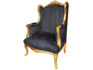 Front view of a luxurious Baroque wing chair black and gold.