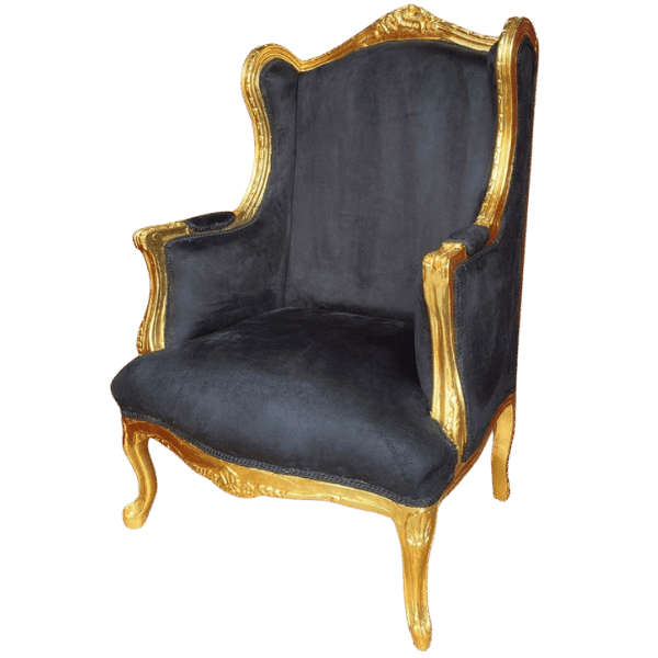 Front view of a luxurious Baroque wing chair black and gold.