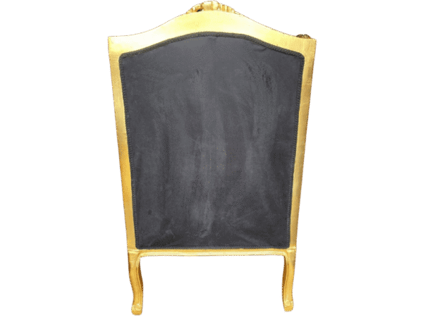 Back view of a Baroque wing chair with ornate gold frame and black upholstery.