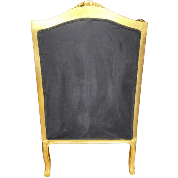 Back view of a Baroque wing chair with ornate gold frame and black upholstery.