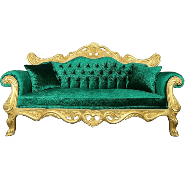 Front view of Emerald Gold Throne Sofa with ornate carvings