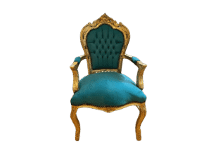 Front view of baroque turquoise and gold dining chair with armrests, handmade antique style
