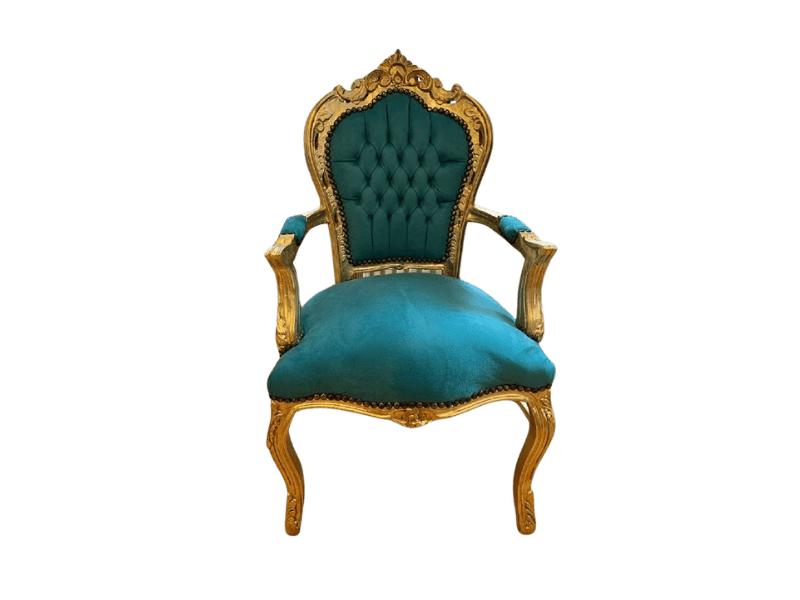 Front view of baroque turquoise and gold dining chair with armrests, handmade antique style
