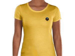 Front view of women's golden yellow Luxury Investor GCC T-Shirt with crown emblem
