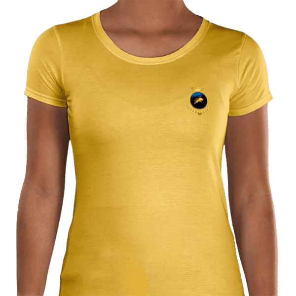 Front view of women's golden yellow Luxury Investor GCC T-Shirt with crown emblem