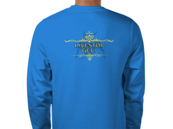 Back view of sapphire blue Luxury Investor GCC Sweatshirt with ornate crown and text