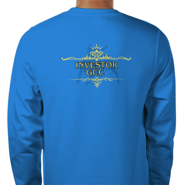 Back view of sapphire blue Luxury Investor GCC Sweatshirt with ornate crown and text