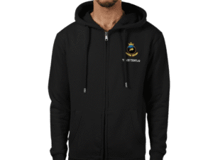 Front view of Trade Templar Knight Black Zip Crown Hoodie, mens luxury activewear from ElitePulse Sovereign at Investor GCC